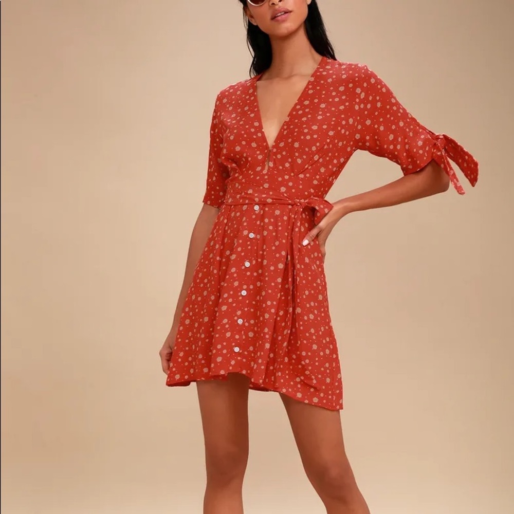 Lulu’s Coral Red Floral Print Dress